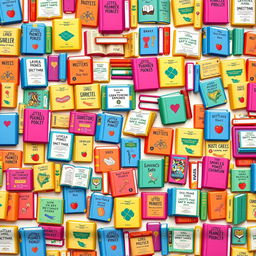 A square design filled with an intricate pattern of vibrant and colorful books, each book displaying unique titles and illustrations