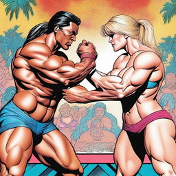 A high-quality digital art image depicts a scene where a woman with extremely muscular abs, medium-sized breasts, and dazzling blue eyes is overpowering a visibly weaker man in an arm wrestling match