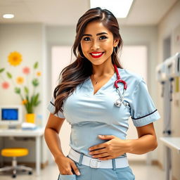 A beautiful Indonesian nurse with a slim, curvy body and very large breasts, wearing a stylish nurse uniform that highlights her figure