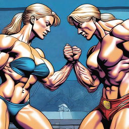 A high-quality digital art image depicts a scene where a woman with extremely muscular abs, medium-sized breasts, and dazzling blue eyes is overpowering a visibly weaker man in an arm wrestling match