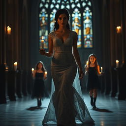 A beautiful young bride walking toward the viewer, holding a single candle that illuminates the dark ambiance of a church featuring intricate stained glass windows