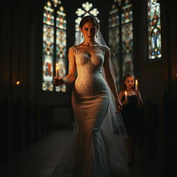 A beautiful young bride walking toward the viewer, holding a single candle that illuminates the dark ambiance of a church featuring intricate stained glass windows