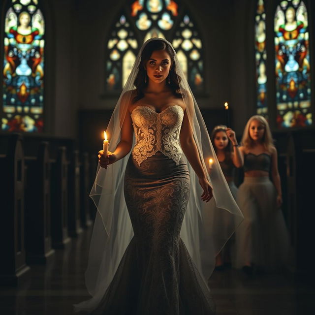 A beautiful young bride walking toward the viewer, holding a single candle that illuminates the dark ambiance of a church featuring intricate stained glass windows