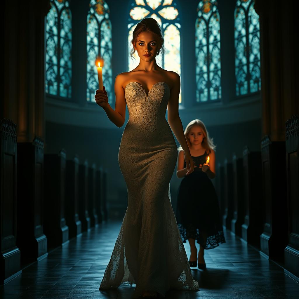 A beautiful young bride walking toward the viewer, holding a single candle that illuminates the dark ambiance of a church featuring intricate stained glass windows