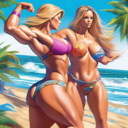 A high-quality digital art image vividly portrays a scene where a woman with extremely muscular abs, medium-sized breasts, and penetrating blue eyes delivers a kick to a visibly weaker man