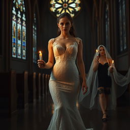 A beautiful young bride walking toward the viewer, gently holding a single candle that illuminates the dark and atmospheric interior of a church adorned with exquisite stained glass windows