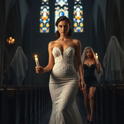 A beautiful young bride walking toward the viewer, gently holding a single candle that illuminates the dark and atmospheric interior of a church adorned with exquisite stained glass windows