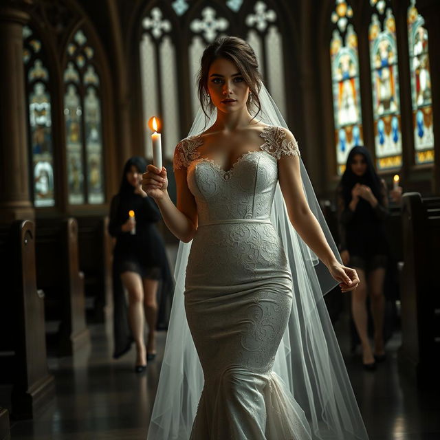 A beautiful young bride walking toward the viewer, gently holding a single candle that illuminates the dark and atmospheric interior of a church adorned with exquisite stained glass windows