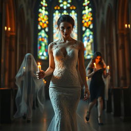 A beautiful young bride walking toward the viewer, gently holding a single candle that illuminates the dark and atmospheric interior of a church adorned with exquisite stained glass windows