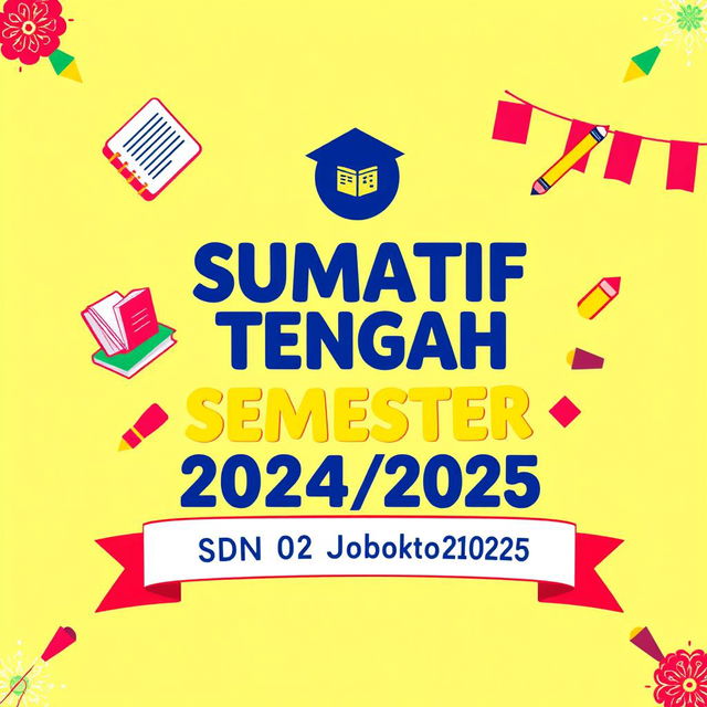 A vibrant and colorful design for a 'Twibbon' template for the Sumatif Tengah Semester event at SDN 02 Jobokuto Jepara for the academic year 2024/2025