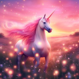 Glowing, majestic unicorn frolicking in a dreamy field under a pink sunset, strewn with sparkling fireflies and gentle, pastel-hued wildflowers