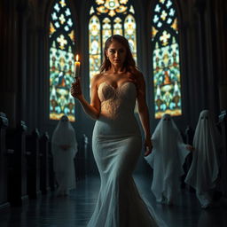 A beautiful young bride walking toward the viewer, holding a single candle that illuminates the dark and atmospheric interior of a church with magnificent stained glass windows