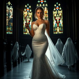 A beautiful young bride walking toward the viewer, holding a single candle that illuminates the dark and atmospheric interior of a church with magnificent stained glass windows