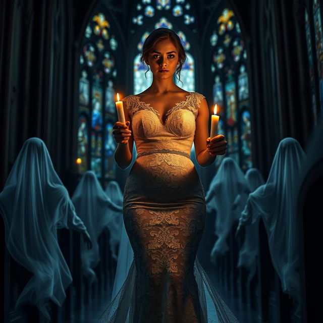 A beautiful young bride walking toward the viewer, holding a single candle that illuminates the dark and atmospheric interior of a church with magnificent stained glass windows