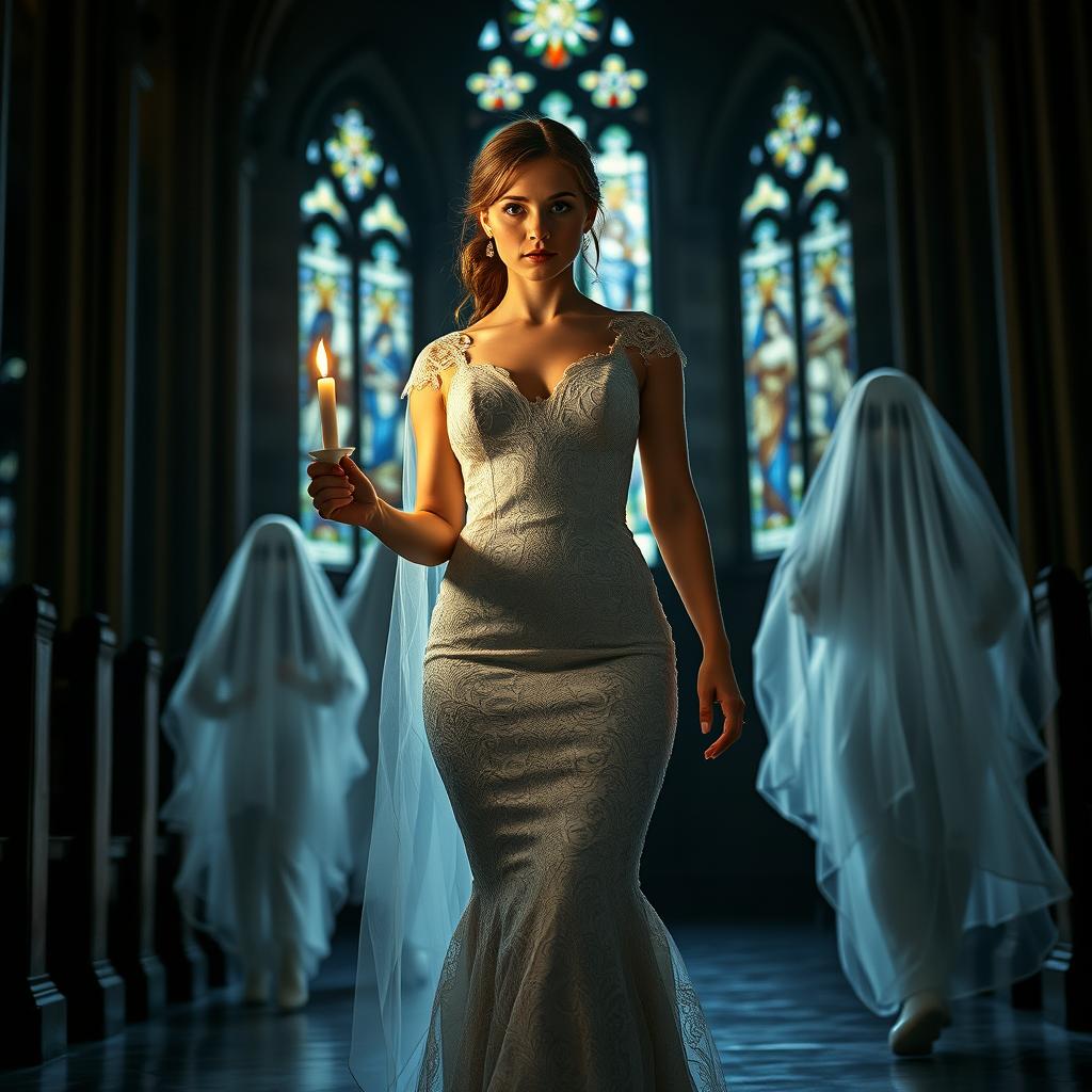 A beautiful young bride walking toward the viewer, holding a single candle that illuminates the dark and atmospheric interior of a church with magnificent stained glass windows