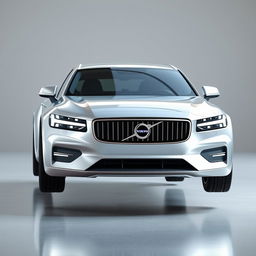 A stunning 3D render of a futuristic chrome pearl metallic Volvo 345, designed as a sleek 3-door hatchback that appears to be capable of flight