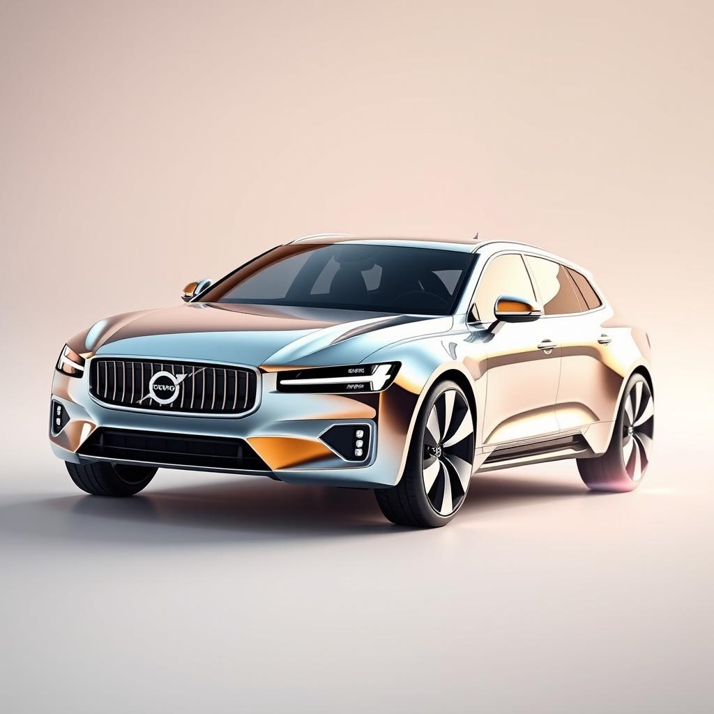 A stunning 3D render of a futuristic chrome pearl metallic Volvo 345, designed as a sleek 3-door hatchback that appears to be capable of flight