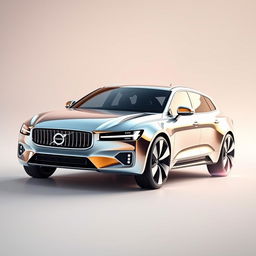 A stunning 3D render of a futuristic chrome pearl metallic Volvo 345, designed as a sleek 3-door hatchback that appears to be capable of flight