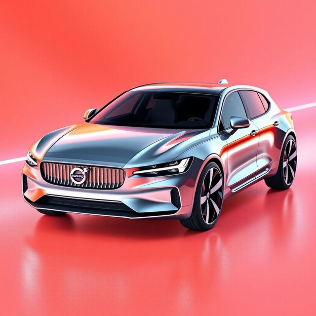 A stunning 3D render of a futuristic chrome pearl metallic Volvo 345, designed as a sleek 3-door hatchback that appears to be capable of flight