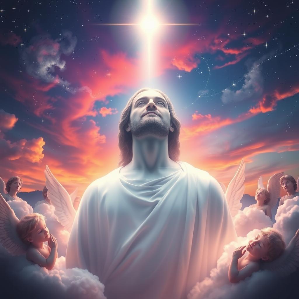 A mystical and ethereal scene depicting a figure whose name is not widely known on Earth, yet is beloved and yearned for by angels in the heavens