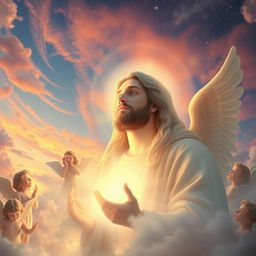 A mystical and ethereal scene depicting a figure whose name is not widely known on Earth, yet is beloved and yearned for by angels in the heavens