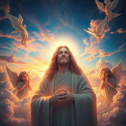 A mystical and ethereal scene depicting a figure whose name is not widely known on Earth, yet is beloved and yearned for by angels in the heavens