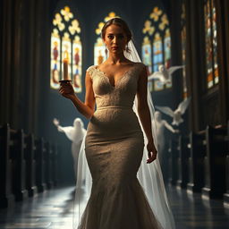 A beautiful young bride walking toward the viewer, holding a single candle that casts a warm glow in the dark and atmospheric interior of a church adorned with stunning stained glass windows