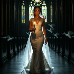 A beautiful young bride walking toward the viewer, holding a single candle that casts a warm glow in the dark and atmospheric interior of a church adorned with stunning stained glass windows