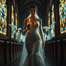 A beautiful young bride walking toward the viewer, holding a single candle that casts a warm glow in the dark and atmospheric interior of a church adorned with stunning stained glass windows