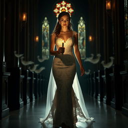 A beautiful young bride walking toward the viewer, holding a single candle that casts a warm glow in the dark and atmospheric interior of a church adorned with stunning stained glass windows