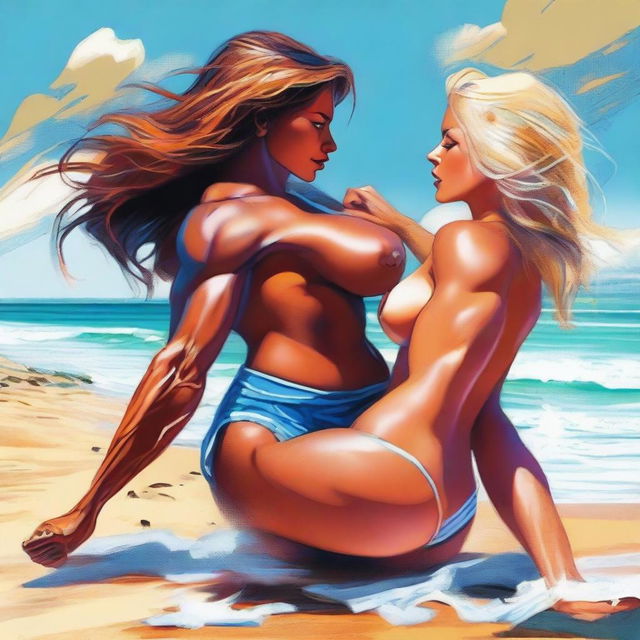 This high-quality digital art image illustrates a scene where a woman with extremely muscular abs, medium-sized breasts, and piercing blue eyes is kicking a visibly weaker man