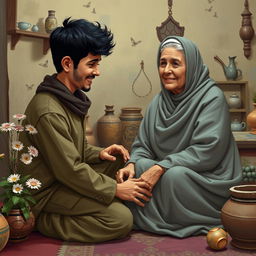 Uwais al-Qarni, an orphan, is depicted in a tender scene filled with love and compassion as he cares for his elderly, disabled mother in their small village in Yemen