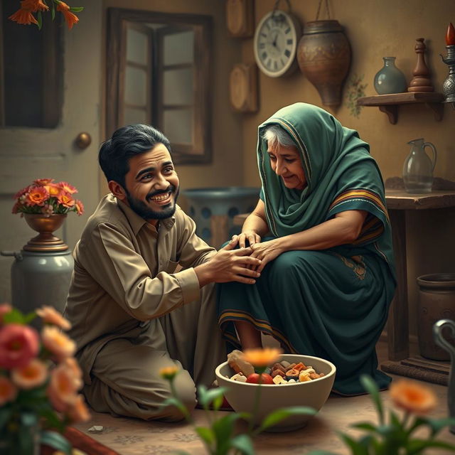 Uwais al-Qarni, an orphan, is depicted in a tender scene filled with love and compassion as he cares for his elderly, disabled mother in their small village in Yemen