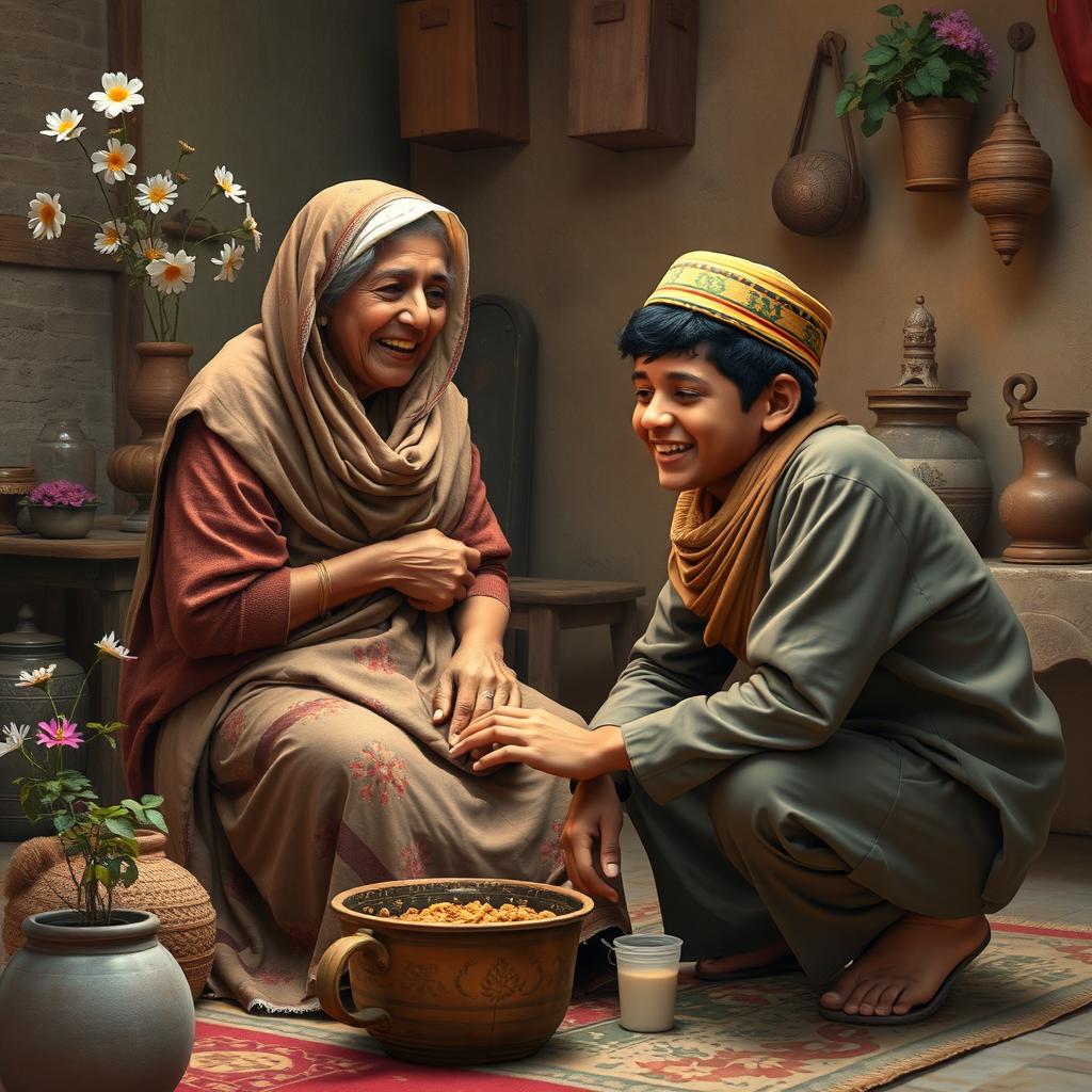 Uwais al-Qarni, an orphan, is depicted in a tender scene filled with love and compassion as he cares for his elderly, disabled mother in their small village in Yemen
