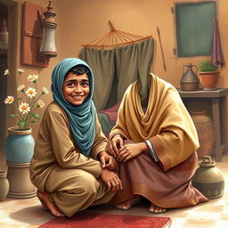 Uwais al-Qarni, an orphan, is depicted in a tender scene filled with love and compassion as he cares for his elderly, disabled mother in their small village in Yemen