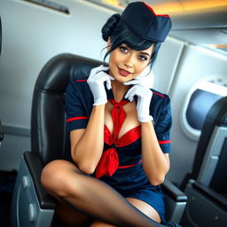 A sexy light-skinned flight attendant wearing a dark blue uniform, featuring a mini skirt and a flight attendant hat