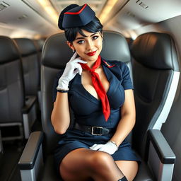A sexy light-skinned flight attendant wearing a dark blue uniform, featuring a mini skirt and a flight attendant hat