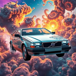 A futuristic Volvo 345 3-door hatchback flying gracefully through a vibrant sky