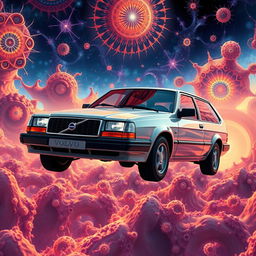 A futuristic Volvo 345 3-door hatchback flying gracefully through a vibrant sky