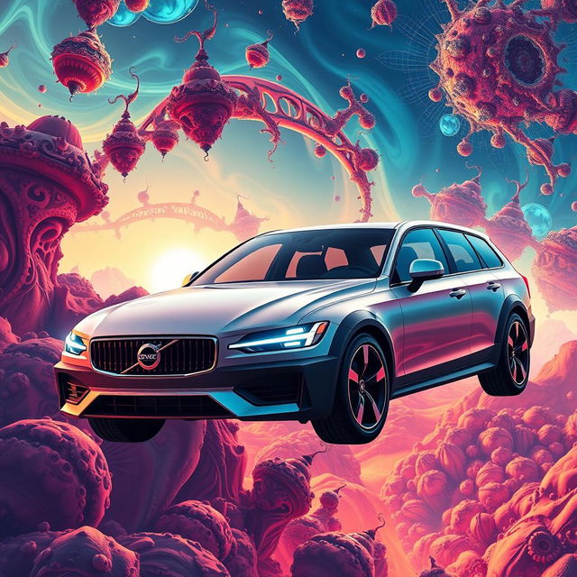 A futuristic Volvo 345 3-door hatchback flying gracefully through a vibrant sky