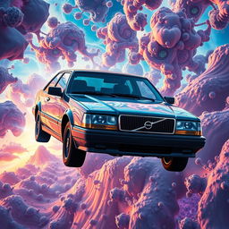 A futuristic Volvo 345 3-door hatchback flying gracefully through a vibrant sky