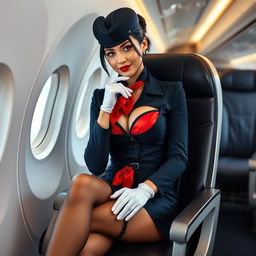 A sexy light-skinned flight attendant wearing a dark blue uniform, featuring a mini skirt and a flight attendant hat