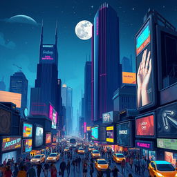 A stylized, futuristic cityscape at night, showcasing towering skyscrapers with neon lights illuminating the streets below