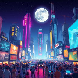 A stylized, futuristic cityscape at night, showcasing towering skyscrapers with neon lights illuminating the streets below