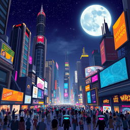 A stylized, futuristic cityscape at night, showcasing towering skyscrapers with neon lights illuminating the streets below