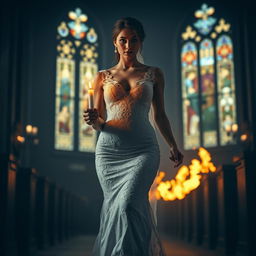 A beautiful young bride walking toward the viewer, holding a single candle that casts warm light in the dark, atmospheric interior of a church featuring stunning stained glass windows