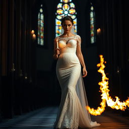 A beautiful young bride walking toward the viewer, holding a single candle that casts warm light in the dark, atmospheric interior of a church featuring stunning stained glass windows