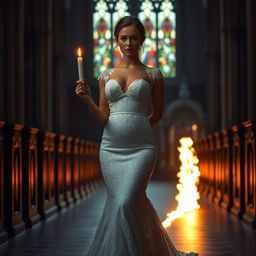 A beautiful young bride walking toward the viewer, holding a single candle that casts warm light in the dark, atmospheric interior of a church featuring stunning stained glass windows