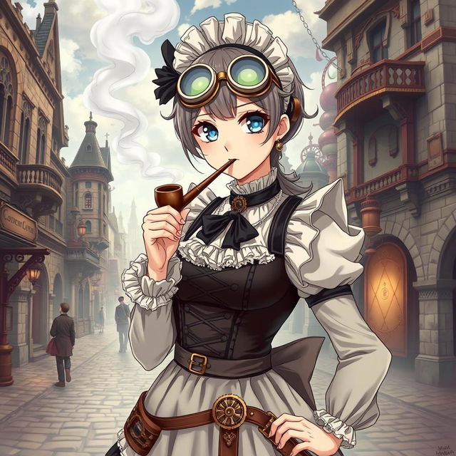 A 19-year-old female maid dressed in elaborate steampunk clothing, incorporating Victorian elements such as lace, corsets, and decorative gears, completing her outfit with stylish goggles