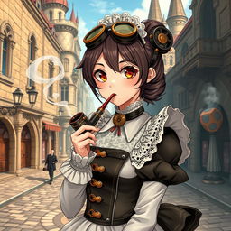 A 19-year-old female maid dressed in elaborate steampunk clothing, incorporating Victorian elements such as lace, corsets, and decorative gears, completing her outfit with stylish goggles